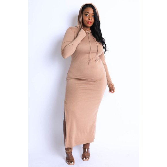 Women's Comfy Terry Hooded Maxi Dress With Side Slit Zipper Plus Size 1X 2X 3X - Picture 3 of 12